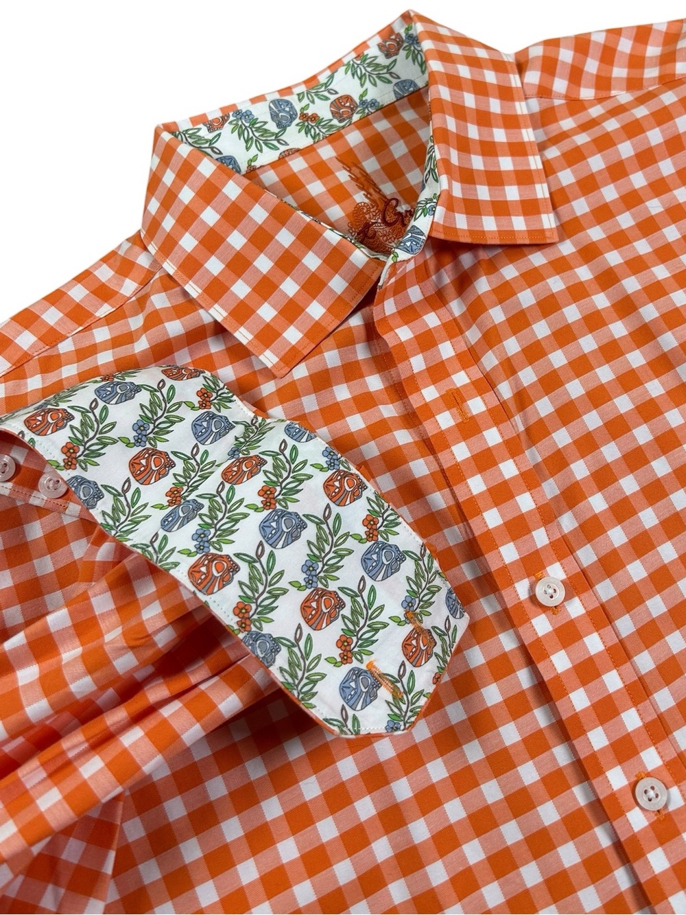 ROBERT GRAHAM Orange White Gingham Shirt Floral Sugar Skull Flip Cuffs L